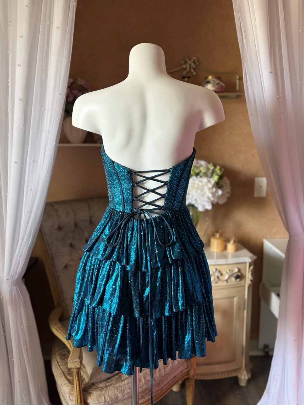 Sherri Hill Strapless Sparkly Teal Ruffle Corset Homecoming Dress - Picture 3 of 6